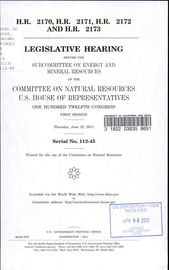 Законопроекты H.R. 2170, H.R. 2171, H.R. 2172 и H.R. 2173 — Конгресс США. Палата представителей. Комитет по природным ресурсам