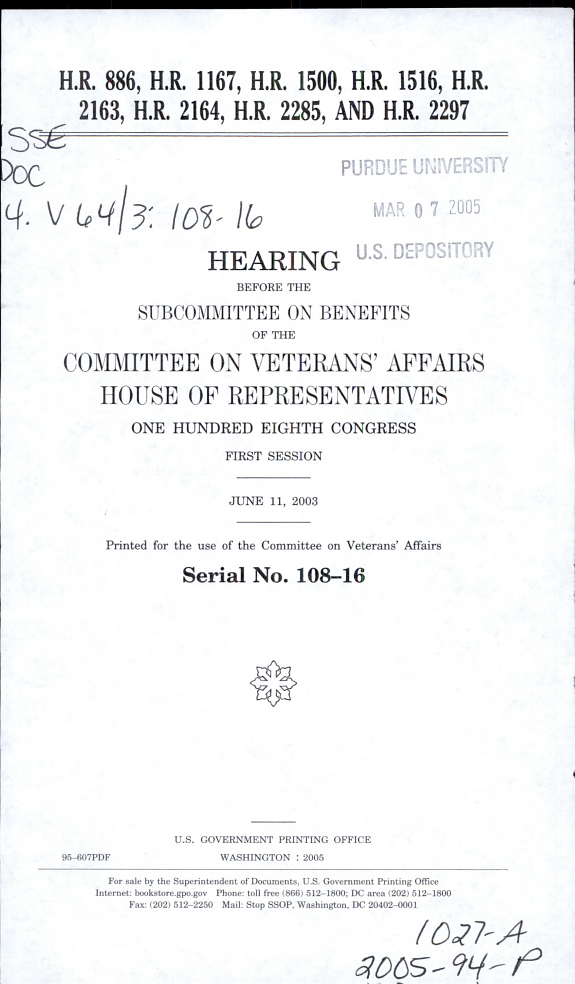 H.R. 886, H.R. 1167, H.R. 1500, H.R. 1516, H.R. 2163, H.R. 2164, H.R. 2285, and H.R. 2297 — United States. Congress. House. Committee on Veterans' Affairs. Subcommittee on Benefits